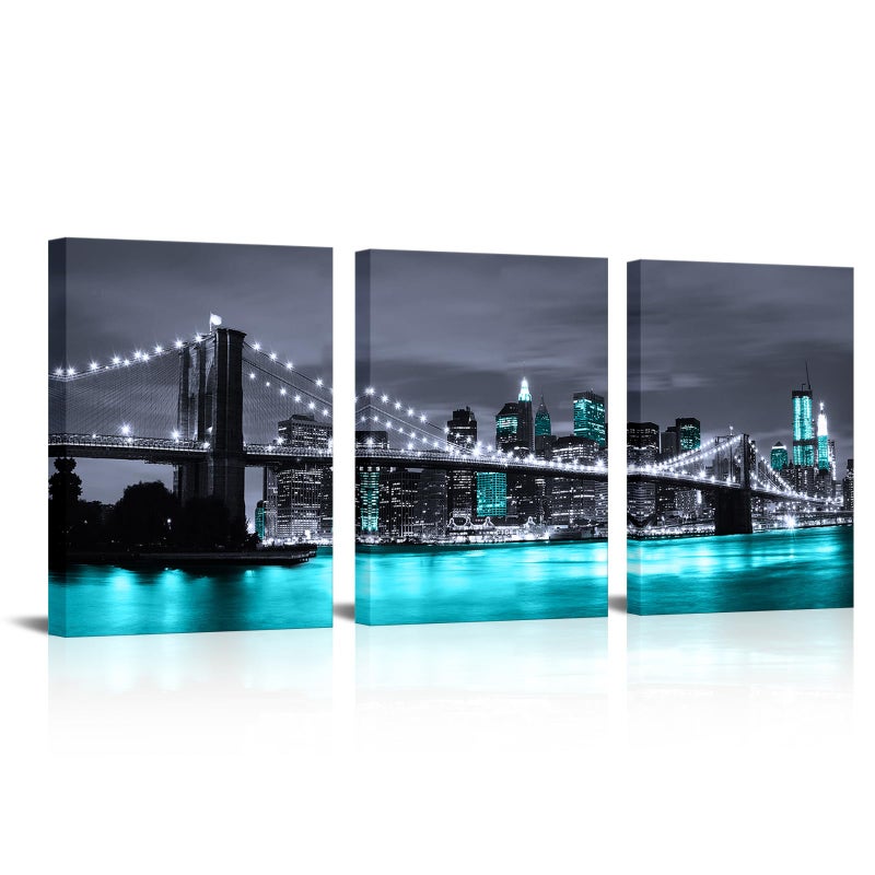 Visual Art Decor Black White and Teal Blue New York Brooklyn Bridge Cityscape Night Building Skyline Picture Canvas Prints Wall Art for Modern Home Office Bedroom Decoration - Image 1